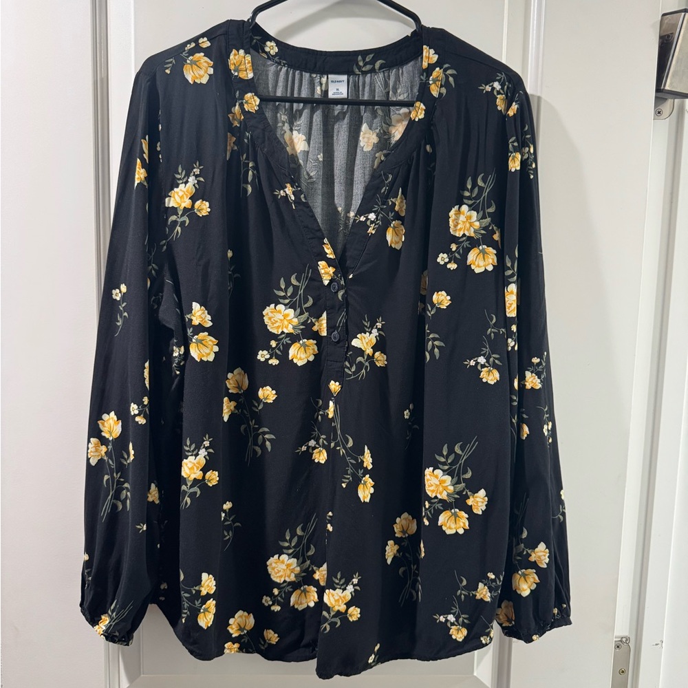 Old Navy Black and Yellow Floral Blouse, Size XL